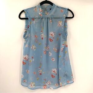 WHO WHAT WEAR Blue Floral Sleeveless Blouse Ruffle Trim Mock Neck M Spring Top